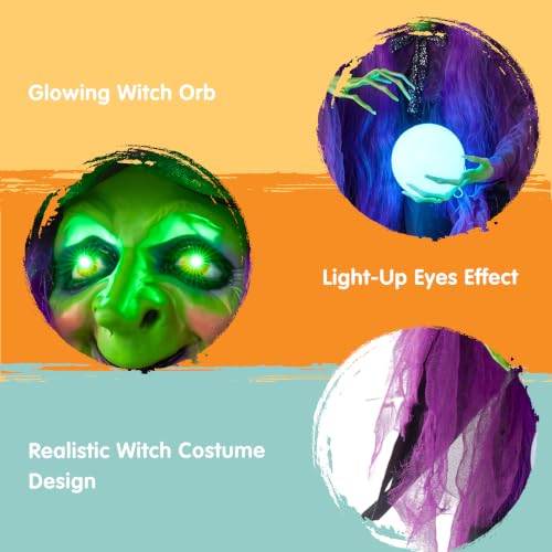 Image of JOYIN 78 inch Hanging Witch Decor with Magic Ball Halloween Decorations Outdoor, Swing Flying Witch Halloween Porch Decor Party Supplies Sound Activated Light Up Eyes Lawn Yard Garden Door Haunted House