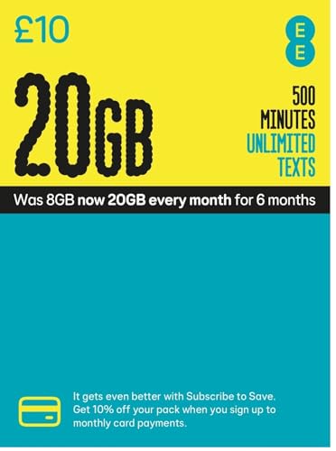 EE PAYG £10 Data Sim Includes £10 pre-paid credit, 8GB Data, 500 Minutes and Unlimited Texts (EE £10-20GB)