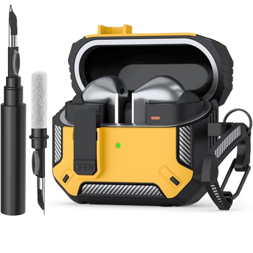 AK Funda para Samsung Galaxy Buds3 / Samsung Galaxy Buds3 Pro, con Mosquetón y Bolígrafo Limpiador, Armadura Protectora Rígida Militar con Bloqueo para Galaxy Buds 3 Pro, LED Visible (Amarillo)