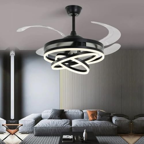 Image of HDC Invisible Black Rings Ceiling Fan Chandelier - Retractable ABS Blades Fandelier with Remote Control - Modern LED Ceiling Fan with Light for Living Room & Bedroom - Luxury Lighting