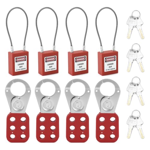 Image of QWORK Lock Out Tag Out Hasp and Lockout Tagout Steel Cable Locks with Keys, 4 Sets