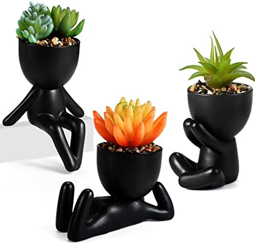 3Pcs Fake Succulents Plants Artificial Plants with Cute Ceramic Pots, Small Fake Plants Office Decor for Women, Mini Desk Plant Faux Succulents for Shelves, Bathroom, Bedroom, Home Decor, Black