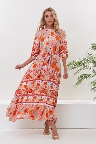 Image of Women Boho High-Waist Floral Print Maxi Dress 3 /4 Sleeve Casual | Soft Rayon, Breathable, Quick-Dry. High-Waist with Adjustable Belt, Flattering Hem. Ideal for Beach, Work & Dating.