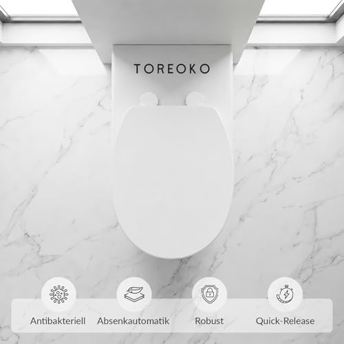 TOREOKO Toilettendeckel O-Form Weiß 45,5x38cm, WC Sitz Oval mit Verstellbaren Scharnieren, Klodeckel Schnellverschluss Demontage, Klobrille Toilettensitz Universal für Standard Toiletten