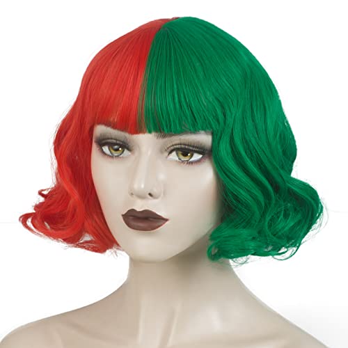 WeKen Green and Red Wig for Women Short Wavy Half Red Half Green Wig with Bangs Women Cosplay Party Wig