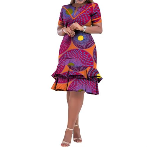 BAZINRICHE African Dress For Women - Short Sleeve Ankara Wax Print Maxi Dress, Bohemian Style