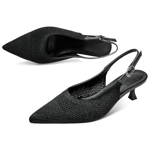 Cozivwaiy Black Mesh Kitten Heel for Women Slingbanck Business Shoes Pointed Closed Toe Elagant Office Pumps Comfortable Low Heels