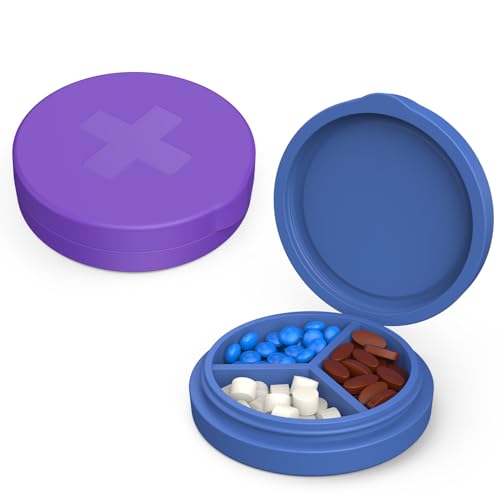 2 Pack Small Pill Box,3 Compartment Round Silicone Travel Pill Box for Purse Pocket, Waterproof Portable Compact Medicine Holder for Vitamin, Cod Liver Oil, Supplement(Purple+Blue)