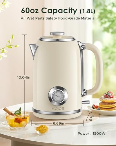 Image of Electric Kettle 1.8L with Temperature Gauge, 1500W Fast Boiling Electric Tea Kettle, 100% Stainless Steel Retro-Style Hot Water Kettle Electric - Glowing LED Light, Auto Shut-Off & Boil-Dry Protection