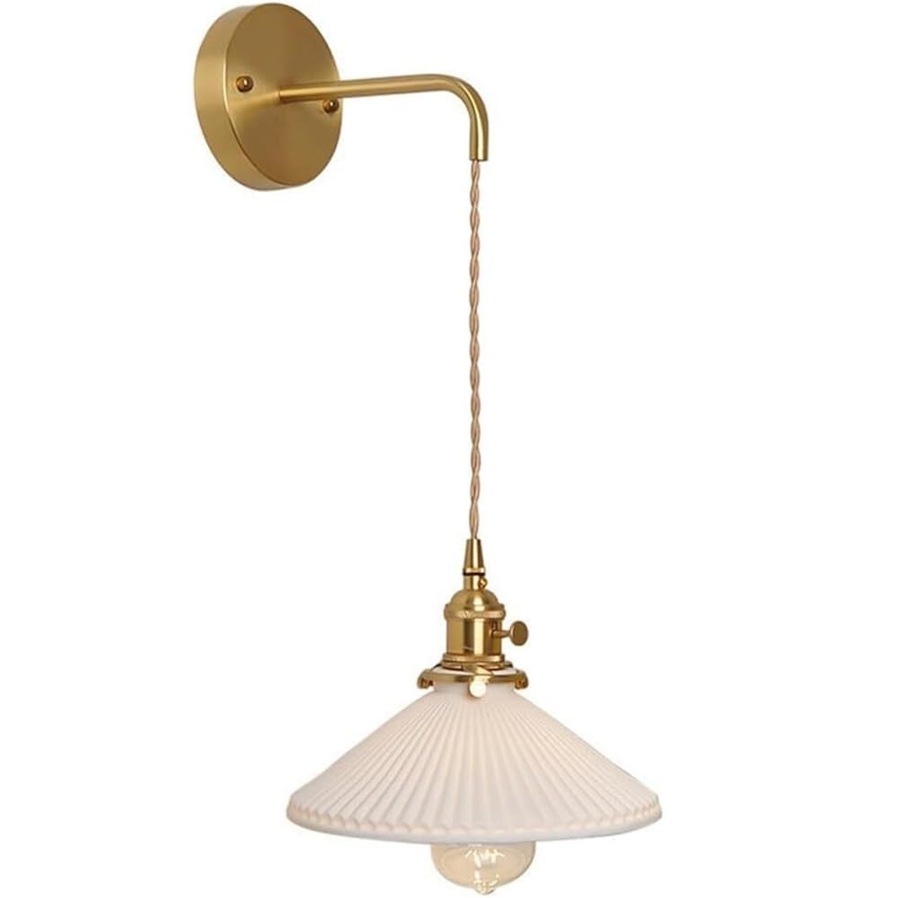 HPTHLY Vintage Nordic Ceramic Hanging Wall Light Fixtures Mid Century Brass Wall Sconce Retro Antiqued Farmhouse Hardwired Wall Mounted Lamp For Bedroom Liv(Pleated)