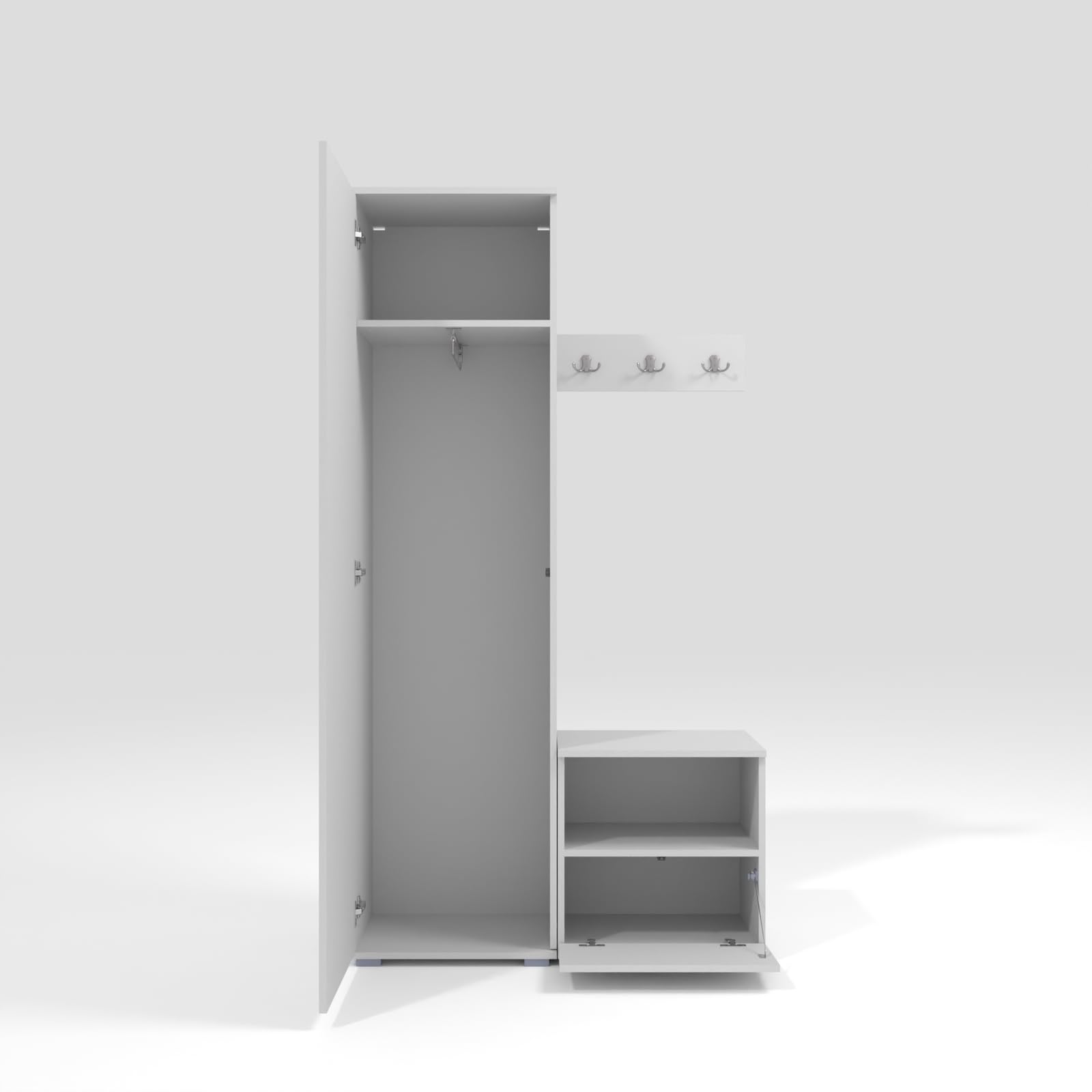 RAVIO Flurgarderobe 100 cm mit Kleiderschrank & Spiegel, Garderobenset Flur mit Schuhschrank, Sitzbank, Garderobenpaneel, Wandpolster - Weiß/Creme