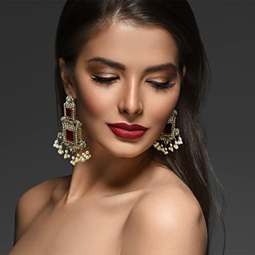 Duel On Jewel | Indian Bridal Chandelier, Jhumka, Infinity Hoop & Dangle Earrings | Filigree, Pearls, Zircon, Glass Accents | Gold or Silver-Plated Alloy | 2.5–3.75 Inch | Statement Wedding Jewelry3