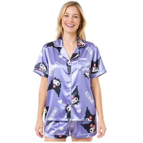 Get Trend Hello Kitty Pijama Corto Mujer, Kuromi Cinnamoroll Conjunto 2 Piezas con Camisa de Botones y Pantalones Cortos, Regalos Mujer (M, Morado Kuromi)