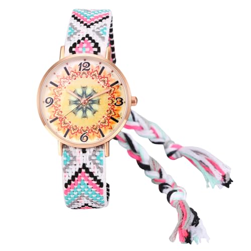 JewelryWe Reloj Analógico Bohemian Mujer: Relojes de Cuarzo Redondo para Señora Esfera de Motivos Florales Correa de Cordón de Algodón Trenzado Ajustable - para Ocio Negocios Regalo