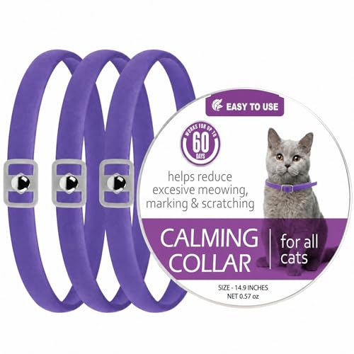 Collares Calmantes para Gatos 3Pcs, Collares Calmantes de Feromonas Natural, Regulable Collar Calmante, Collar Anti-ansiedad para Gatos Impermeable para Pequeños, Medianos y Grandes, 38cm (Morado)