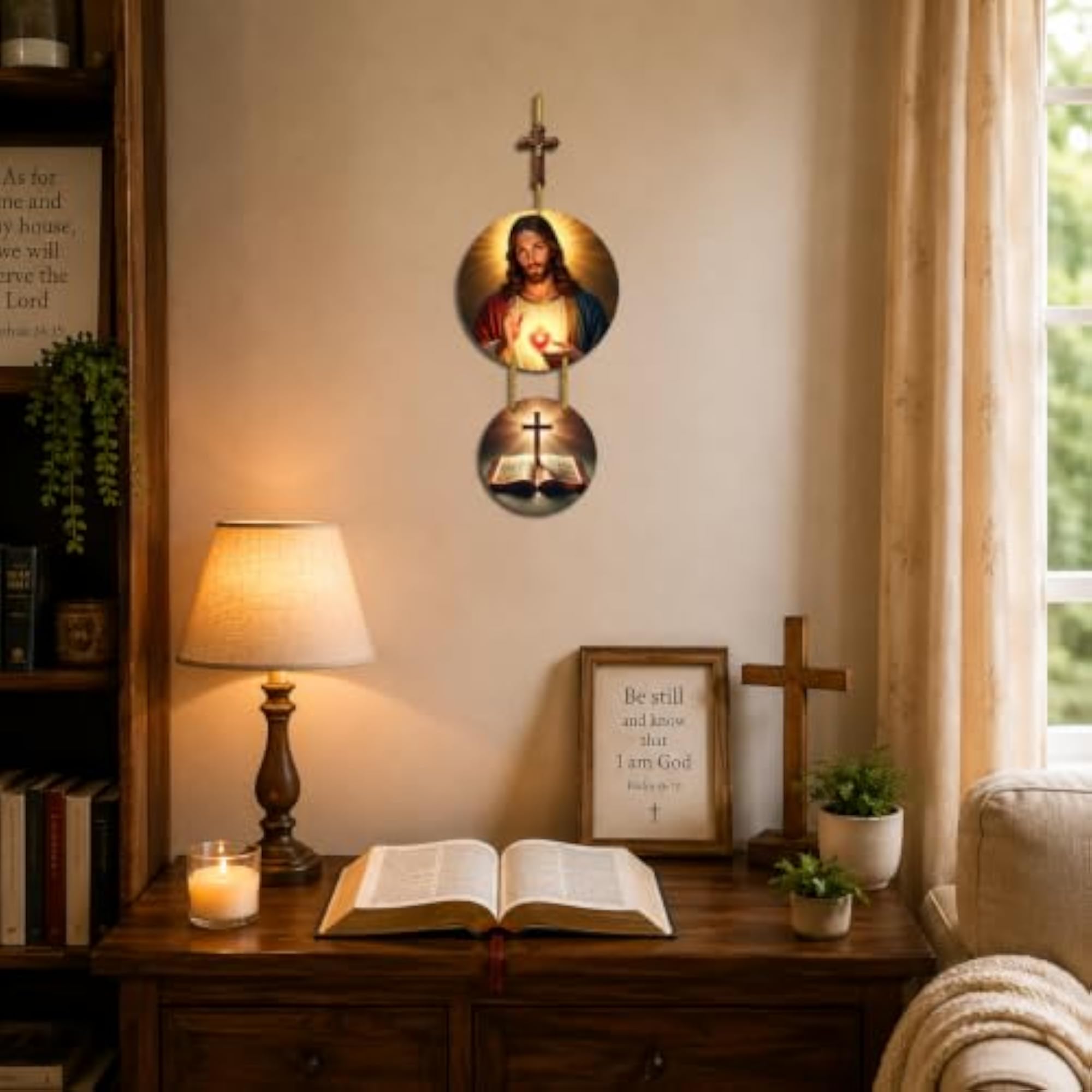 Jesus Wood Hanging with Bible & Cross Decor