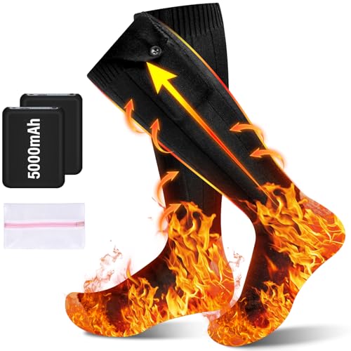 OHFAMO Rechargeable Heated Socks for Men Women Electric Heated Socks with 2 Rechargeable 5V 5000mah Battery Powered 360 Foot Warmer 4 Levels Heating Suitable for Hiking Camping Outdoor UK 3~13