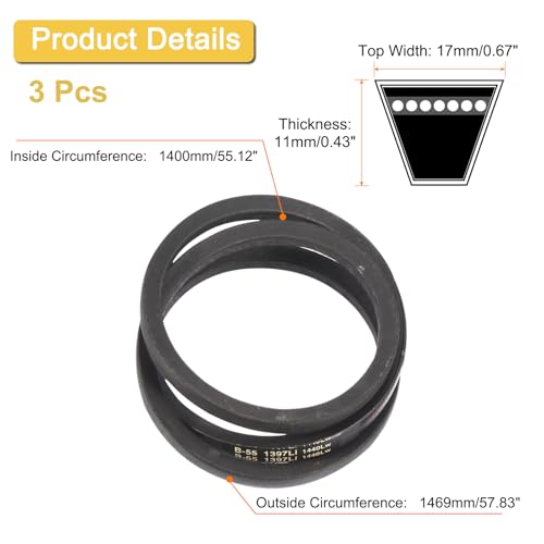 Image of uxcell 3 Pack B55 Classic Wrapped V-Belt, 58 inch Outside Circumference Wrapped Industrial Rubber V-Belt B Profile V-Belt for Industrial Machinery Equipment, Black