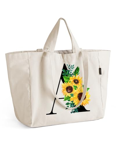 AUSVKAI-Canvas-Tote-Bag-for-Women-Sunflower-Grocery-Bags-with-zipper-Interior-Pocket-and-Long-Shoulder-Strap-Short-Handle