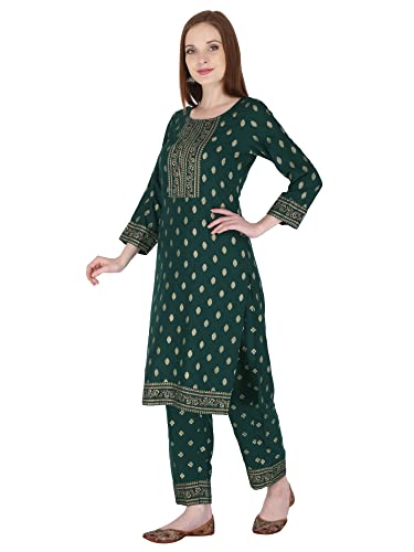 Image of Women's Rayon Printed Kurta with Palazzo Set (Small, Green Palazzo Set)