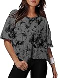 XIEERDUO Gym Crop Tops for Women UK Short Sleeve Summer Casual T Shirts Loose Fit Sports Yoga Crewneck Ladies Tops Grey-Black tie-dye XL