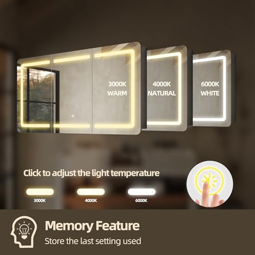 Armario-espejo LED para baño de 60" x 32", 3 puertas | Montaje en pared o empotrado, iluminación regulable frontal y función antivaho, estantes ajustables, diseño moderno en aluminio miniatura 6