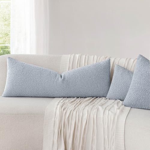 Image of Foindtower Decorative Textured Boucle Throw Pillow Covers Accent Solid Pillow Cases Neutral Long Body Lumbar Couch Cushion Case for Chair Sofa Bedroom Living Room Home Decor 14x36 Inch,1PC,Light Blue