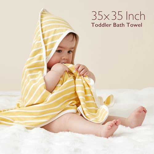 Image of Momcozy Hooded Baby Towel, 2 Pack Baby Bath Towel Set with Large 35 X 35 Inch, Super Soft Cotton and Hooded Towel for Newborn, Toddler and Kid, Lemon Leaves