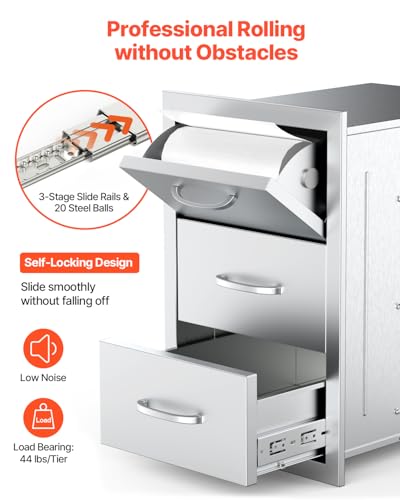 Image of VEVOR Outdoor Kitchen Drawers, 16.5 inch W x 29 inch H x 20.5 inch D Triple Access Drawers, Stainless Steel Flush Mount Cabinets, BBQ Island Storage with Paper Towel Holder & Handle, for Patio Grill Station