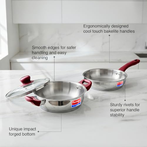 Prestige Stainless Steel 2 Pc Cookware Set with Glass Lid | Platina Popular | Fry Pan 24cm (2.25 L) | Kadai 24cm (2.8 L) | TRIPLY Base | Gas &... - Image 6