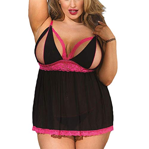 Vedolay Lingerie for Women for Sex, Womens Plus Size Lace Mesh Lingerie Red Babydoll Lace Split Cup Sleepwear Set (Black, XX-Large)