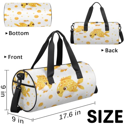 Cute Blowfish Round Barrel Sports Fitness Bag, Yellow White Travel Luggage Bag, Reusable Handbag, Suitable For Men and Women3