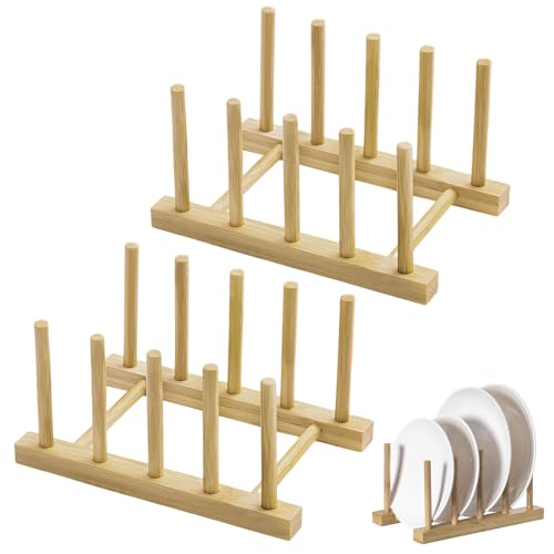VIDSTW 2 Piezas Organizador de Platos 4 Compartimentos Escurridor Platos Dish Drying Rack Diseño Hueco Escurreplatos Madera Resistente Humedad para Tazón Taza Platillo Libro (17 x 12 x 10 CM)