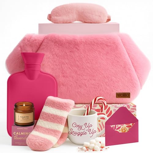 Pamper Gifts for Women - Hamper Gifts for Women with Pink Hot Water Bottle Belt Socks Mug Candle Sleep Mask & Colouring Book with Pencils