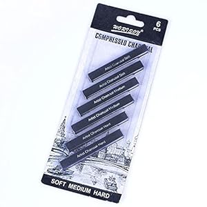 Compressed Charcoal Rod 6PCS Soft, Medium and Hard Grade Vine Square Willow Charcoal Sticks for Drawing, Sketching, Shading, Art Supplies Sketch Kits Tools Carbon Strip