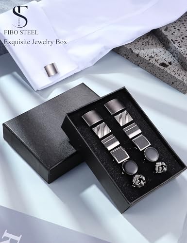 Image of FIBO STEEL Cufflinks for Men Classic Black Cufflink Set Unique Round Square Rectangle Cuff Links for Business Shirt Formal Wedding Tuxedo Groom Suit Accessories Men Present