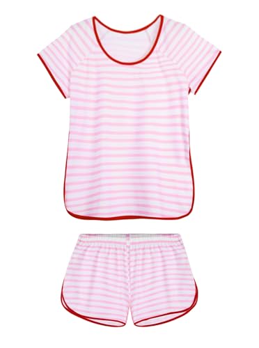 Image of Hilinker Women Striped Pajama Set Short Sleeve Top with Shorts Sleepwear Pjs 2 Piece Lounge Sets
