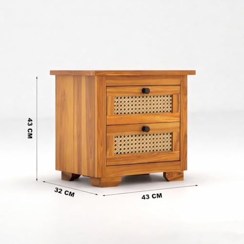 Image of Solid Sheesham Wood Bedside Table for Bedroom | Handmade Pure Wooden Bed Side Nightstand End Table with 2 Drawers Storage for Home & Bed Room | Rosewood, Honey Finish
