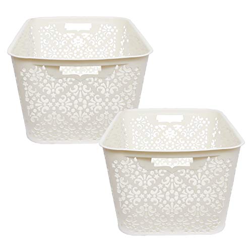 Image of Cutting Edge Essentials Plastic Storage Baskets /Shelf /Turkish Rack without Lid - Set of 2 for Fruit Vegetable Bathroom Stationary Home Basket with Handle (Cream, Large)