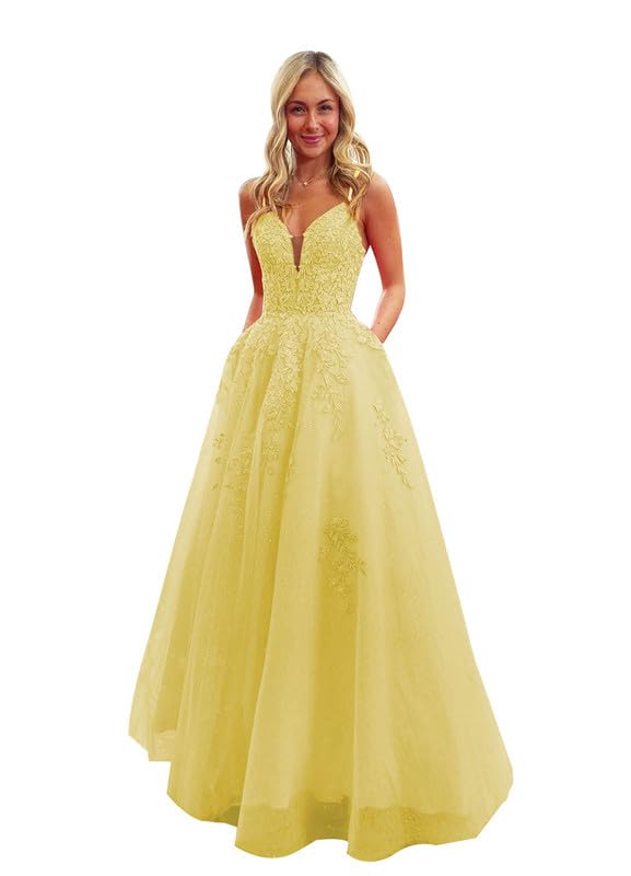Women's Tulle Prom Dresses 2025 Long Ball Gown Spaghetti Strap V-Neck Lace Appliques Formal Evening Dress