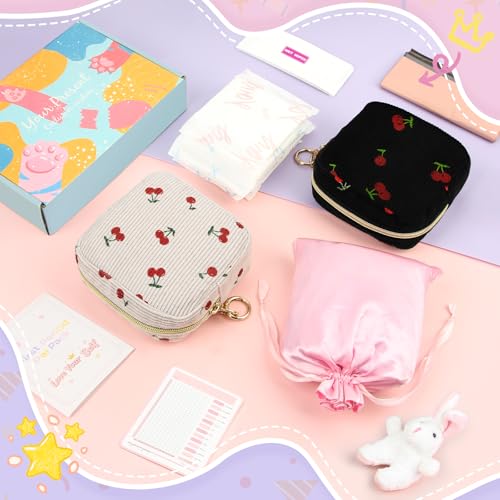 Image of First Period kit for Girls, Corduroy Cute Sanitary Napkin Storage Bag, Menstrual Pad Bag Tampon Holder for Purse, First Period Gifts (Cherry-Beige)