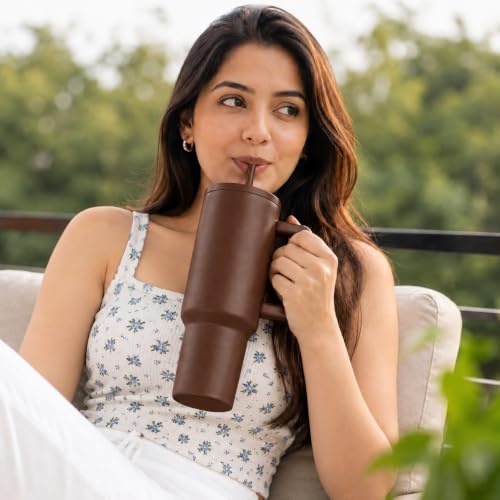 Image of CYNVEXA Tumbler with lid and Straw 1200ML Cup Stainless Steel Vacuum Insulated Tumbler for Water, Iced Tea or Coffee 1.2L Office Gym Travelling (Brown)