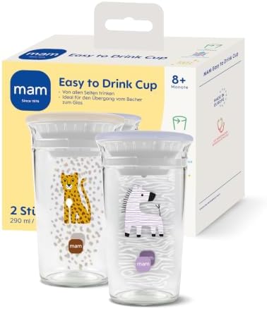 MAM Easy to Drink Cup 360° 290 ml, 2er-Set, ab 8 Monaten, Zebra/Leo | Auslaufsicherer Silikoneinsatz mit Ventil, edle Glasoptik, leicht zu reinigen, Trinkbecher