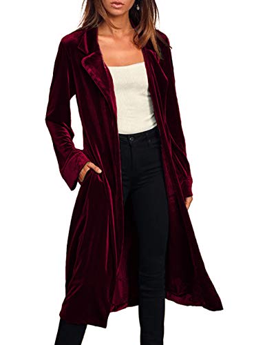 Women's Notched Collar Long Velvet Trench Jacket Open Front Maxi Length Velvet Blazer Cardigan Coat