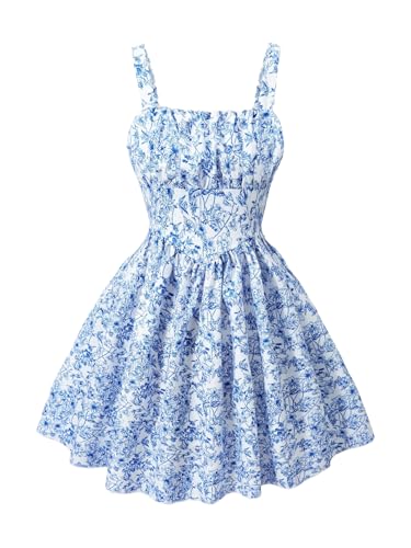 SHENHE Girl's Floral Print Sleeveless Summer Dress Ruched A Line Flowy Boho Sundress