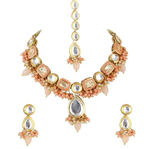 Image of Lucky Jewellery Meenakari 18k Gold Plated Tika Earring Combo Uncut Big Faux Kundan Choker Necklace set