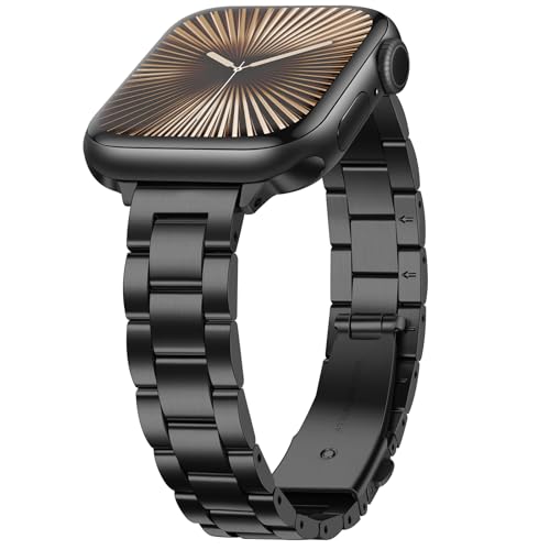 Image of Anlinser Bands Compatible with Apple Watch Band 42mm 41mm 40mm 38mm, Women Slim Stainless Steel Metal Strap for iWatch Series 10 9 8 7 6 5 4 3 2 1 SE (Black)