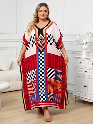 Image of KECVOT Kaftan Dresses for Women V-Neck Print Swimsuit Cover Up Plus Size Beach Caftan Lounge Dress