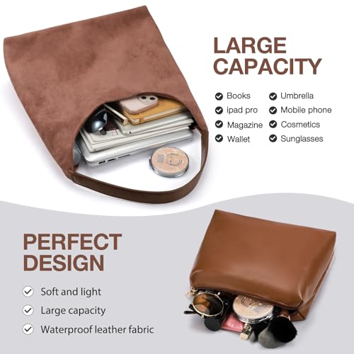 Image of 2-Piece Vegan Leather Purse Set for Women: Slouchy Hobo Shoulder Bag & Suede Tote Bag (Brown)