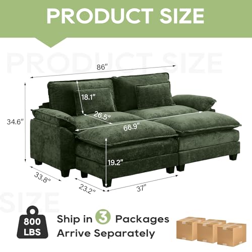 Image of Oprisen 86 inch Modular Sectional Sofa, Comfy Cloud Couch Sectional Sofa with Ottoman, Chenille Sofa Sleeper Deep Seat Sofa with Throw Pillows for Living Room (Green)